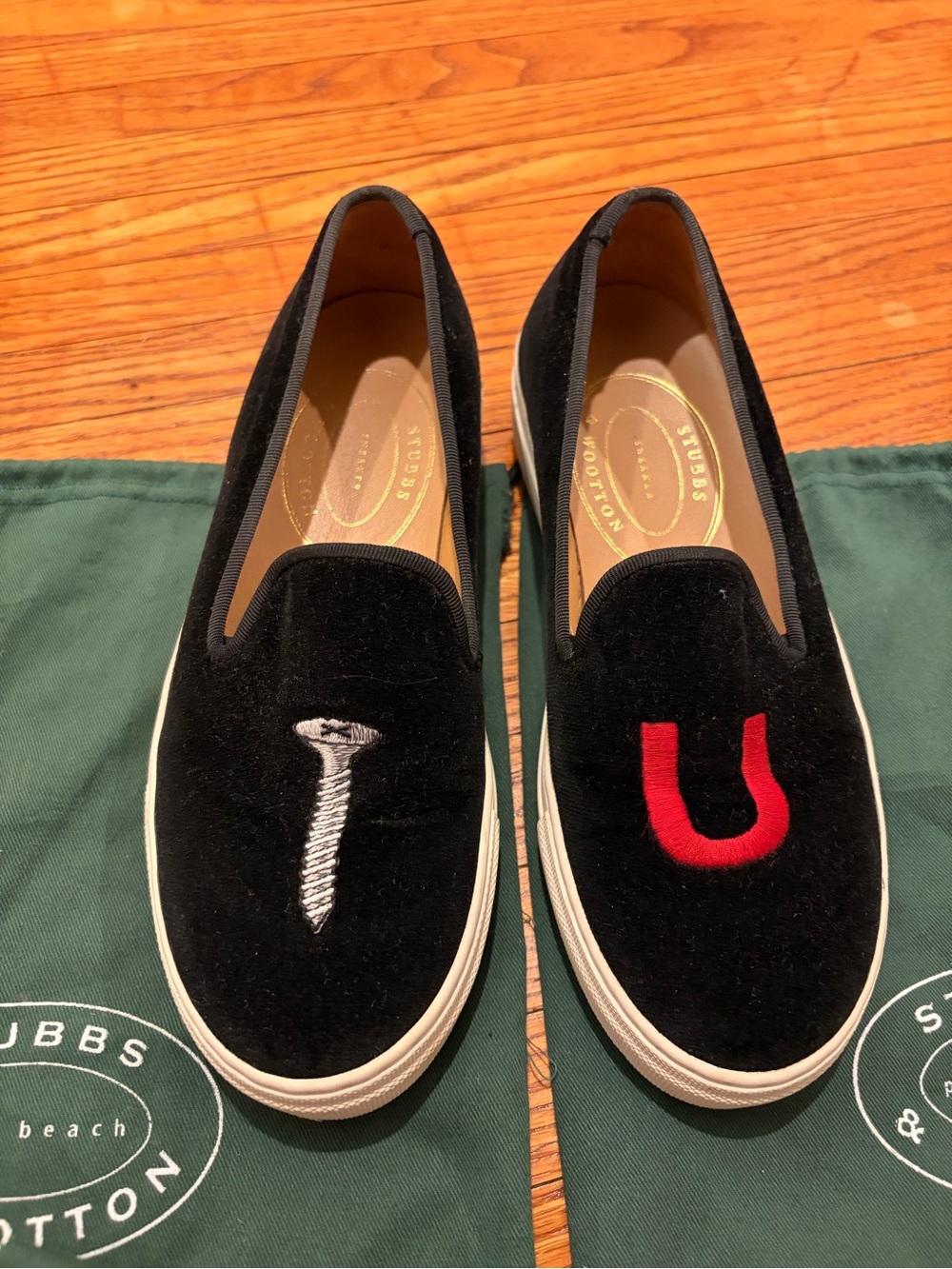 Stubbs & Wootton Black Velvet Screw You Sneakers with Red & Silver Embroidery